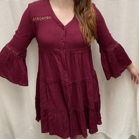 NWT Women’s Knox Rose Bohemian wine red flowy long-sleeved dress. Size small. - Picture 6 of 16